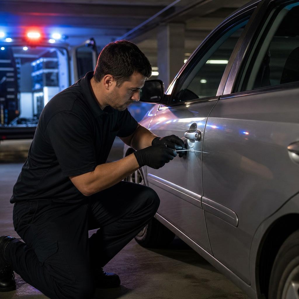 Emergency locksmith unlocking a car door in a Houston parking garage