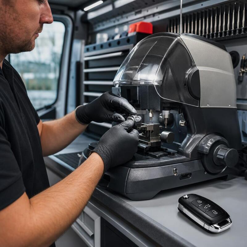Gloved technician cutting a new car key on the machine mounted inside the service van