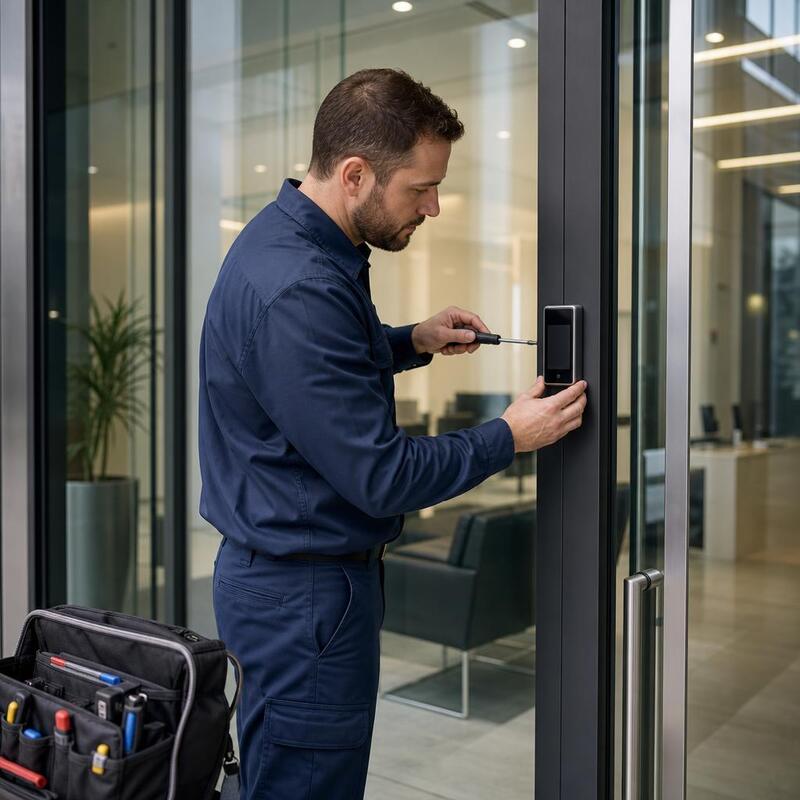 Technician programming keypad access hardware at a doorway