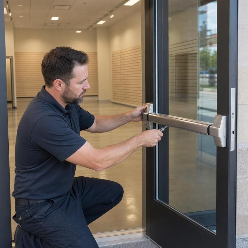 Technician fitting a push bar exit device to a glass storefront door