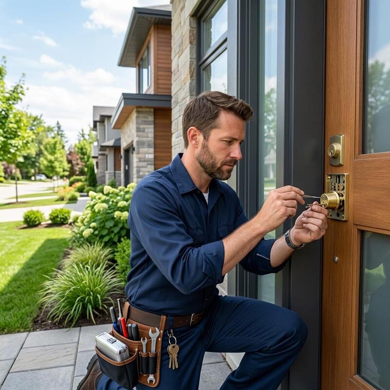 Locksmith repairing the deadbolt on an established home's front door