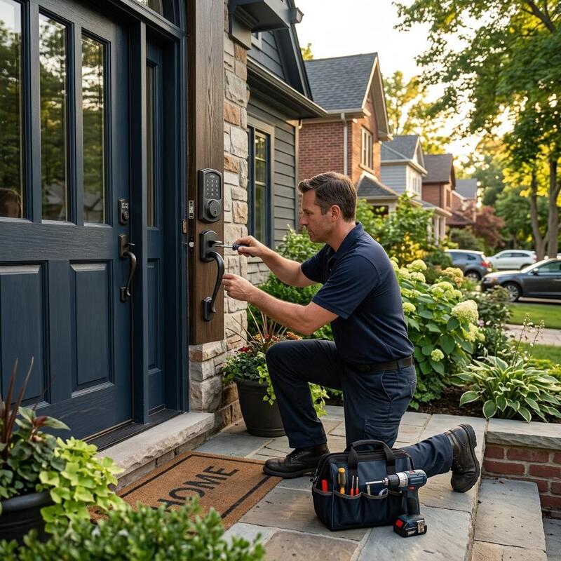 Smart lock with keypad being fitted carefully to a residential door